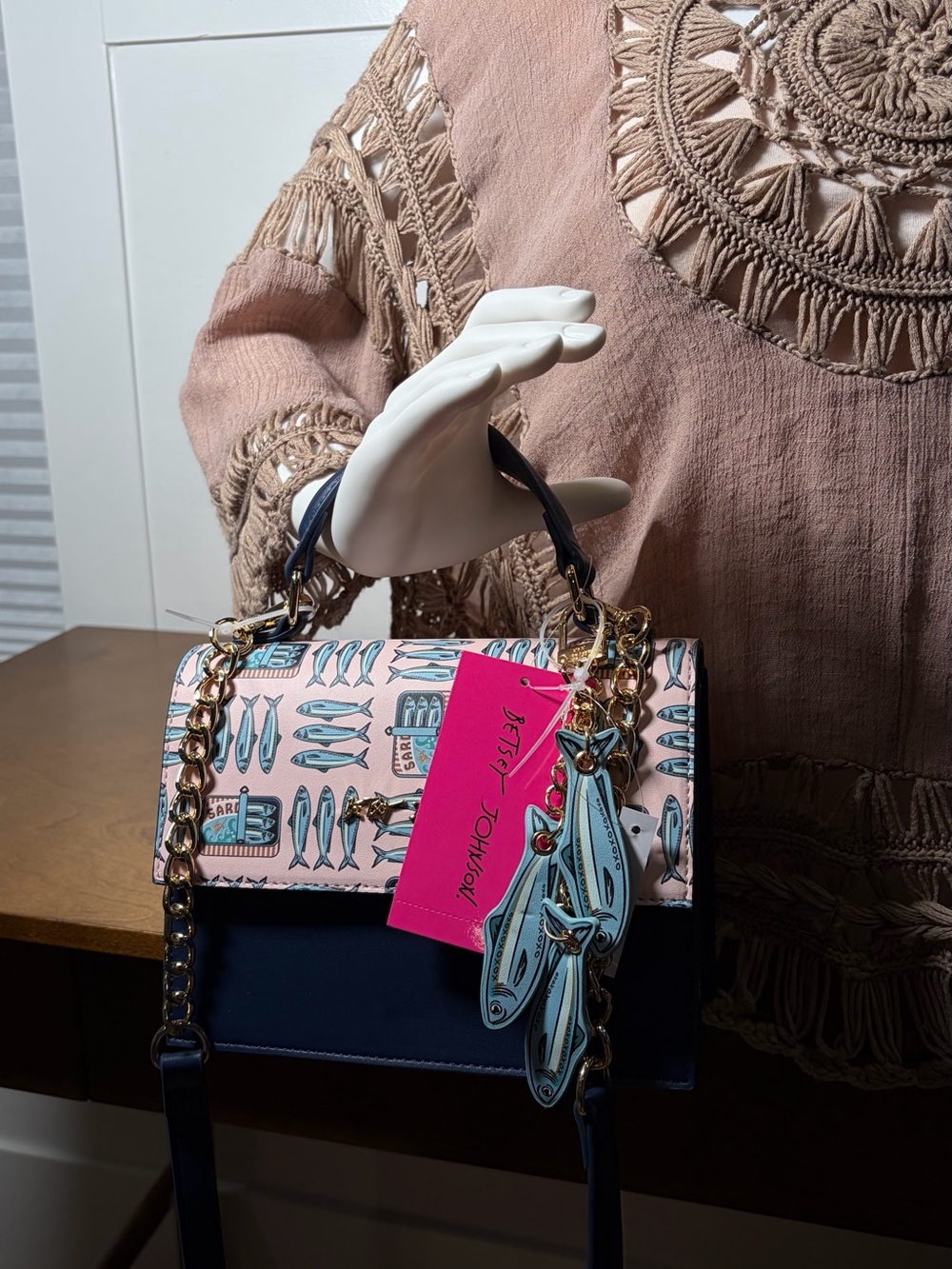 Betsey Johnson SARDINE BAG Pink & Navy Fish-Print Crossbody Satchel - Picture 4 of 15